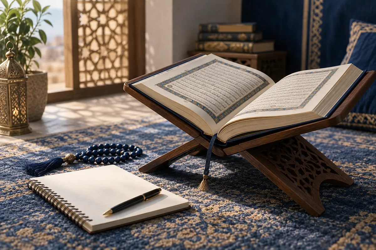 Open Quran on a wooden stand beside a study notebook