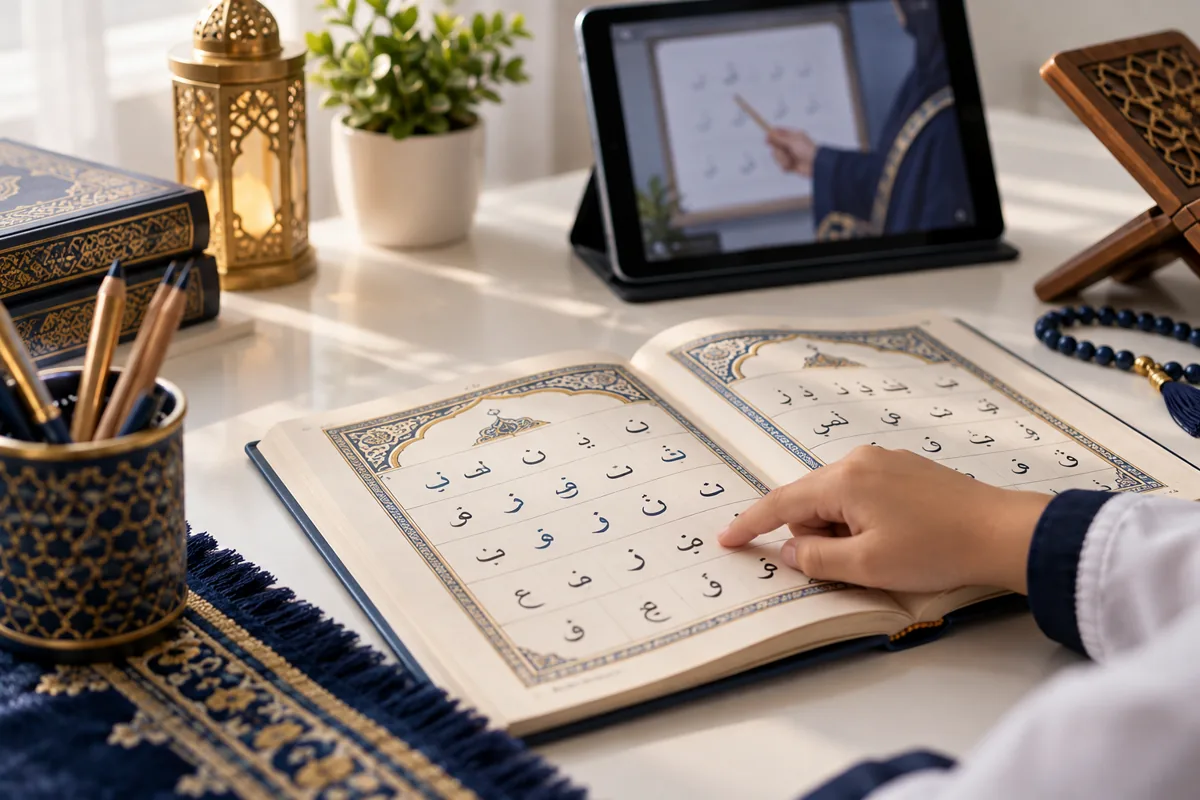 Learner following Arabic letters in a reading primer during an online lesson