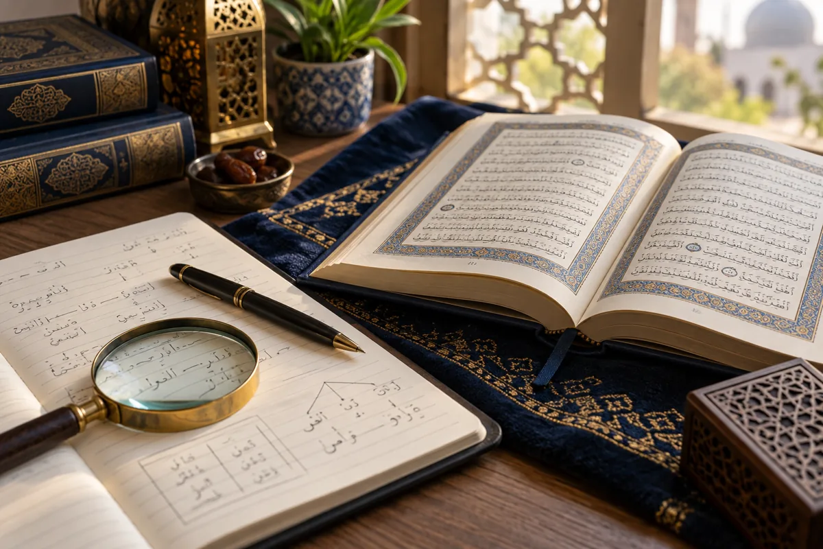 Open Quran beside an Arabic vocabulary notebook and magnifying glass