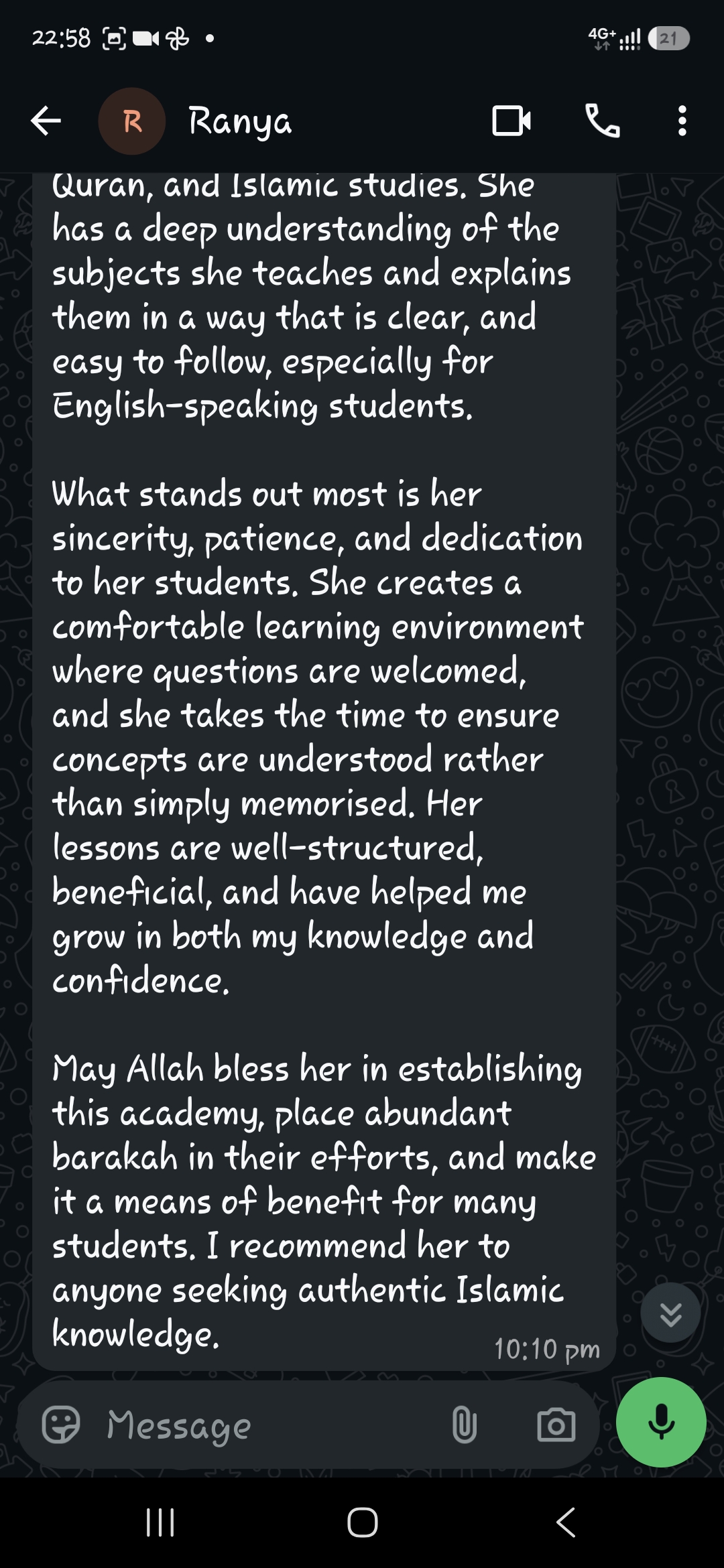 Student review from Ranya